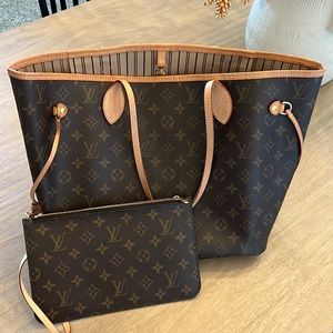 Louis Vuitton Brown & Tan Leather Monogram Neverfull MM Tote Bag with Pochette